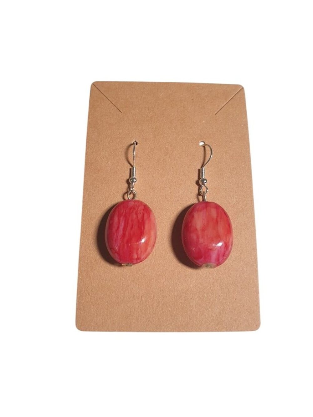 Acrylic Red Oval Drop Dangle Earrings 1.75 Inch Hook Back Handmade Lightweight